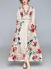 Frühling Herbst Vintage Blumendruck Langes Kleid Frauen Sexy Tiefem V-ausschnitt Laterne Hülse Elastische Taille Taste Maxi 210529
