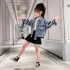 Meninas Denim Jaqueta Outerwear Bow Coats Kids Pearls Childrens Primavera Autumn Roupas Infantil 210528