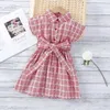 Zomer kids meisjes jurk roze plaid korte mouwen met sjerpen casual zoete stijl outfits kinderkleding E303 210610