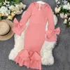 Оранжевые розовые длинные вспышки рукава с луком MIDI Bodycon платья для женщин-оболочки вырезанные плиссистые дамы элегантное платье для вечеринка S XXL 210527