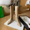 Meotina Med Hew Knee High Boots Woman Boots Pleated Chunky Heel Shoes 우편 뾰족한 발가락 롱 부츠 숙녀 가을 베이지 아구 39 210608