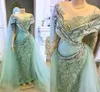 Elegante Menta Verde Bellanaija Vestidos de Noite Sereia Plus Size Lantejoulas com Tule Capa ASO ASO EBI Árabe Africano Promovers