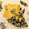 Kinderkleding Sets Meisjes Zonnebloem Outfits Baby Chrysanthemum Flying Mouw Tops + Strap Jurk + Bow Hoofdband 3 Stks / Set Lente Herfst Mode Babykleding