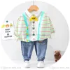 Bebek Giyim Setleri Erkek Suits Çocuk Giysileri Bahar Ve Sonbahar Uzun Kollu Çizgili Hırka Kot Ceket Gömlek Üst Yay 3 adet B7791