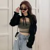 Sexy Autumn Bandage Black Full Sleeve Top + Female Mesh Lace Korean Retro French Breast Wrap Tank Tops Short 9M5I 210603