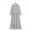 Femmes Blanc Dots Imprimer Maxi Robe Plissée Trois Quarts Manches Femme Casual Robes Droites Chic Cheville Longueur Robes 210223