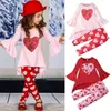 Valentine's Day Spring and Autumn Kids Girls Clothing Set Flare Sleeve Top + Pants Two-piece Love Heart Pattern outfit M3991