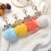 Cute Animal Pom Pom Keychain Good quality Durable Faux Fur Fluffy Key Ring for Women Girl Diamonds Puff Ball key fobs Jewelry