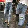 Jeans dos homens Atacado 2022 Denim Hip Hop Pés Slim Light Azul Hommes Mendigo Buraco Skinny Lápis Calças Pantalon Hombre1