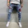 Men's Quilted Embroidered jeans Skinny Jeans Ripped Grid Stretch Denim Pants MAN Patchwork Jogging Trousers S-3XL 210716