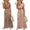 Fritidsklänningar Mode Boho Klänning Lång Kvinnor V-ringad Kortärmad Retrotryck Bälte Fåll Strand Elegant Solklänning Robe Femme