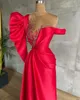 Mermaid Elegant Red Satin Prom Dresses Off Shoulder Front Split Lace Beaded Plus Size Formal Evening Ocn Gowns Vestidos De Novia