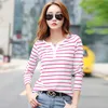 Wiosna Plus Size V-Neck Koszulka Kobiety Z Długim Rękawem Stripe T Shirt Jesień Casual Moda Koreański Bawełna Tee Loose Lady Odzież 210527