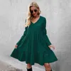 2021 Ny sommar Bohemian Semester Lång klänning för Laides Big Swing Ruffle V Nacke Solid Färg All Match Causal Chic Dress Y1204