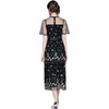 Robe de broderie de fleurs femmes manches volontaires lacets une ligne midi élégant piste vestide vestidos robe femme 210603