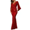 Sparkly Sequined Red Evening Dresses with Deep V Neck Pleats Long Sleeves Mermaid Prom Dress Dubai African Party Gown Arabic Even Dress 2493