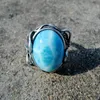 Piękny 925 Sterling Cabochon Oval 13x18mm Naturalny Kamień Gemstone Larimar Silver Leaf Ring