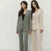 Spring And Autumn Women's Office Suit V-Neck Green Two-Piece Sets Female Blazer Girly Elegant Temperament Pantsuit Setup Ladies 211105