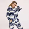 Combinaisons pour femmes Rompères Christmas dames à manches longues à capuche Snowflake imprimé bleu velours bodys Femmes hivernales Flanelle chaude