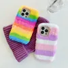 Rainbow Bling Diamond Fluffy Fur Phone Case для iPhone 14 13 Pro Max 12 Mini 11 XS XR 8 7 6 плюс iPhone13 Girl Soft TPU Симпатичная подлинная кролика плюшевая модная крышка