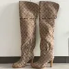 2021 Women's knee-high Boots Designer Original Shoes High Heel Beige Pink Printed Canvas over the knee Boot Zipper Laces Casual shoe Size 35-42 NO317