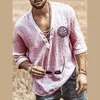 Men's T Shirts Clothes Men T-shirt Fashionable Linen Summer Top Long Sleeves Casual Sport Printed Lace Up Blouse Mujer XXXL