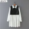 Zevity Women Vintage Turn Down Collar Faux Leather Patchwork Pleats Dress Female Long Sleeve Back Zipper Ruffles Vestido DS4987 210603