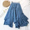 Cotton Linen Maxi Skirt Women Spring Summer Elastic Waist Vintage Solid irregular Long s Mori Girl Boho Beach 210629
