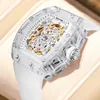 PINTIME White Transparent Mechanical Watch Luxury Silicone Strap Automatic Wristwatch Male Military Skeleton Self Winding Clock Q0902