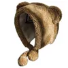 Женщины зимний утолщение плюшевые наушники шапка милый мультфильм медведь уши помпома подбородок на открытом воздухе ветрозащитные термальные шапочки ловушка Y21111
