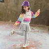 Kids Sport Kleding Regenboog Hoodies + Cake Broek Meisjes Outfits Letter Sets Patchwork Kinderkleding 6 8 10 12 14 210528