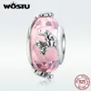 Wostu 100% 925 sterling silver rosa glas dans fjäril blomma passform original armband halsband DIY smycken gör cqc1285 q0531