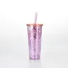 24oz stor kapacitet dubbelskikt plast sequined glitter tumbler halm kopp med lock kopp sommar plast tumbler kaffe mugg