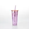 24oz Large Capacity Double Layer Plastic Sequined Glitter Tumbler Straw Cup with Lid Cup Summer Plastic Tumbler Coffee Mug