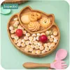 1set bébé alimentation bol bébé assiette dessin animé mouton bambou enfants alimentation vaisselle avec silicone ventouse fourchette en bois Spoo 211027