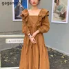 Spring Summer Loose Dress Vintage Lantern Sleeve Midi Women Cascading Ruffles Sundress Casual Solid Vestido 210601