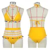 Bikinis Set 2022 Maillot de bain pour femme Sexy taille haute maillot de bain bikini maille épissé rayé léopard rouge jaune été vêtements de plage baignade