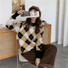 Aelegantmis Primavera Vintage Argyle Maglione Pullover Donna Coreano Retro Morbido Caldo Elegante Femminile Lavorato a maglia Chic 210607