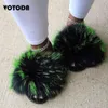 Winter Women Fur Slippers Fluffy Real Fox Slides Cute ry Raccoon Sandals Indoor Flip Flops Ladies Fashion Rainbow Shoes