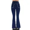 Färgblock Hög midja Flare Jeans med fickor Streetwear Sexiga damer byxor Bell Bottoms Skinny Denim Jean Byxor Legins 210222