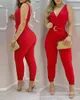2021 European och American New Women's Temperament Red V-Neck Casual One-Pite Suit Y0702