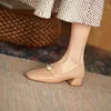 Sweet Shoes Fort Women Pearl Decoration Square Toe Thick Heels Woman Party Genuine Leather Pumps 210528