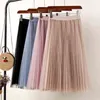 Jupes en tulle Midi plissé noir rose femmes printemps été coréen élastique taille haute maille tutu 210621