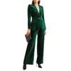 Women's Two Piece Pants Velvet Suits Fashion Green 2-Piece Set One Button Business Work Wear Office Slim Fit Jacket Warm Blazer And