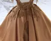 Gold Crystal Long Flor Meninas Vestido Pageant Vestidos Frisado 2021 Criança Infantil Roupas Pequenas Crianças Vestidos De Aniversário