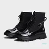 Boots Lace-Up Motorcycle Women 2021 Chunky Heels Thick Soled Knight Botte Patent Leather Round Toe Patchwork Riding Botas Mujer