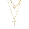 Pendant Necklaces Jewelry Vintage Cross Chain For Women Layer Titanium Stainless Steel Double Ring Zircon Crystals