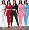 Fall Designer Women 2 Piece Pants Set Sexig Letter Print Solid Långärmad Ziper Top Pencli Outfits Ladies Casual Multicolor Passit