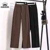 Kvinnor Chic Office Wear Straight Pants Vintage High Waist Slit Ladies Trousers Plus Size Baggy Koreansk Höst Wide Ben 211124