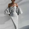 Sexig Lantern Sleeve Party Drelegant Polka Dot Print Vintage Bodycon Dresses Women Straploff Shoulder Long DrVestidos X0529